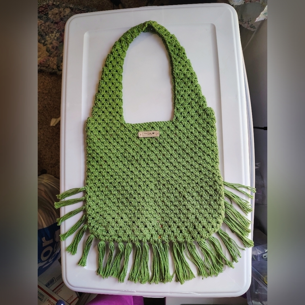 NWOT Handmade Tote Shoulder Bag Boho Chic Crochet Olive Green, Lightweight. - Picture 16 of 16